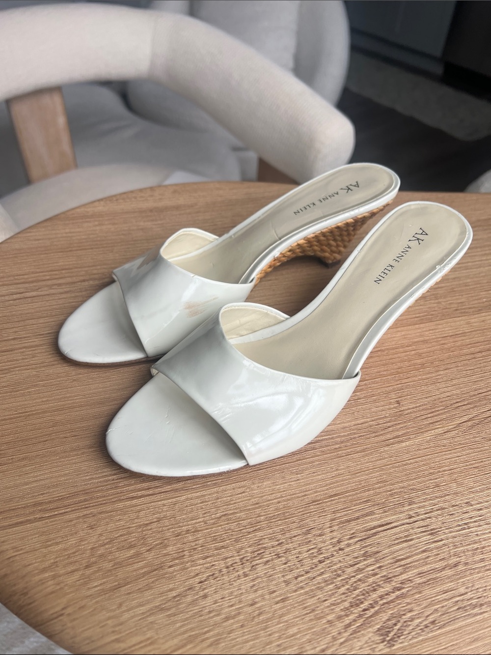 Anne Klein Cream Patent Slide Mules with Woven Low Wedge